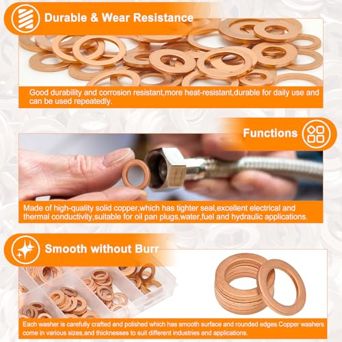 200pcs 9 Sizes Premium Copper Metric Sealing Crush Washers Assortment Kit,Flat Sealing Washer M5 M6 M8 M10 M12 M14,Flat Ring Sump Plug Oil Seal Gasket Sealing Fitting Washers for Industrial,Household