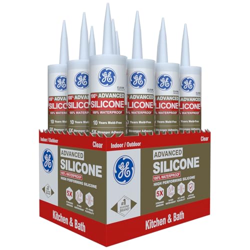 GE Advanced Silicone Caulk for Kitchen & Bathroom, Clear, 10 fl oz Cartridge, 12 Pack - 100% Waterproof Silicone Sealant, 5X Stronger Adhesion, Shrink & Crack Proof - size: Pack of 12, style: Clear