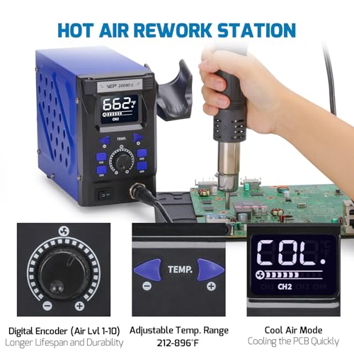 WEP 2009D-II Hot Air Soldering Station, Hot Air Rework Station with Detachable Soldering Heat Gun, 4 Preset Channels, Digital LED Display, Adjustable Temperature 212-896°F, PID Temp Stabilization