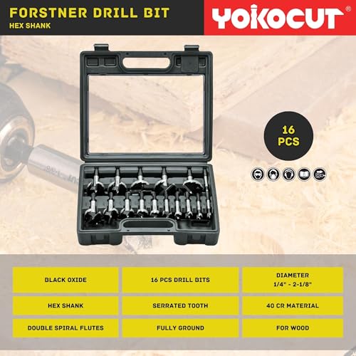 Forstner Bit Set 16Pcs Hex Shank, Wood Drill Bits Set with Multi Sided Shank, Forstner Bits for Woodworking - style: 16PCS Forstner Bits Set