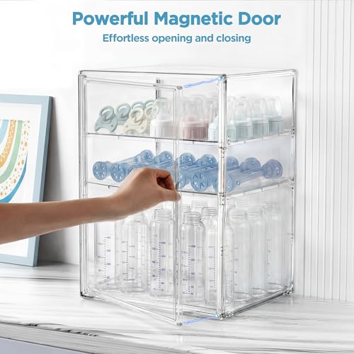 HBlife Baby Bottle Storage Organizer for Countertop Cabinet, 3 Tiers Adjustable Clear Acrylic Bottles Storage Station Case Box Container with 2 Removable Dividers and Magnetic Door, XXL - size: XXLarge, style: 3-Tier Single Door