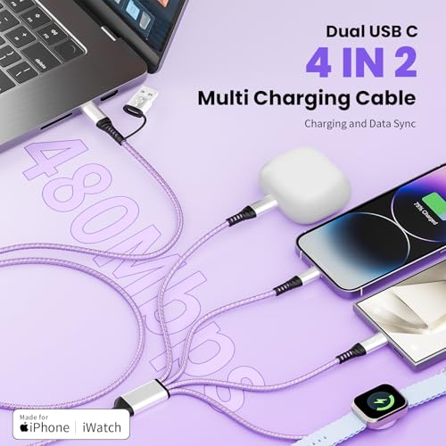 Dual Type-C 4 in 2 Multi Charging Cable for iWatch Charger Multiple Devices - color: Lilac, size: 2Pack5FT