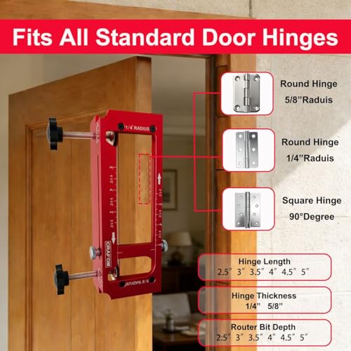 Door Hinge Template Aluminum Alloy, Door Hinge Jig Kit for Router, Hinge Router Template, Adjustable Mortise Jig Fits Door Hinges from 2.5” to 5” Length, 1/4” & 5/8” Radius, Square Corner