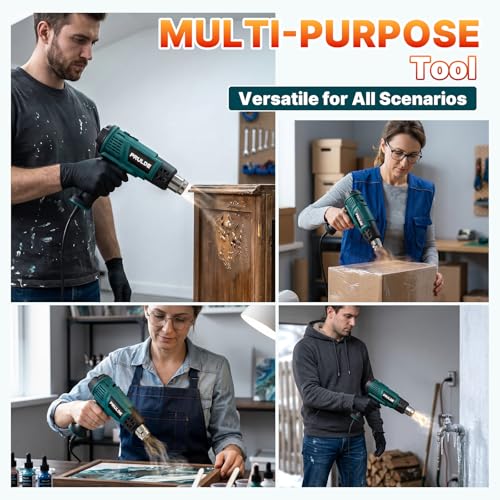 Heat Gun - PRULDE Dual Protection Fuses 1500W Heavy Duty Fast Heat Hot Air Gun with 122℉ to 1202℉ Dual-Temperature Settings and 4 Nozzles with Overheat Protection for Crafts, Vinyl Wrap, Shrink Tubing
