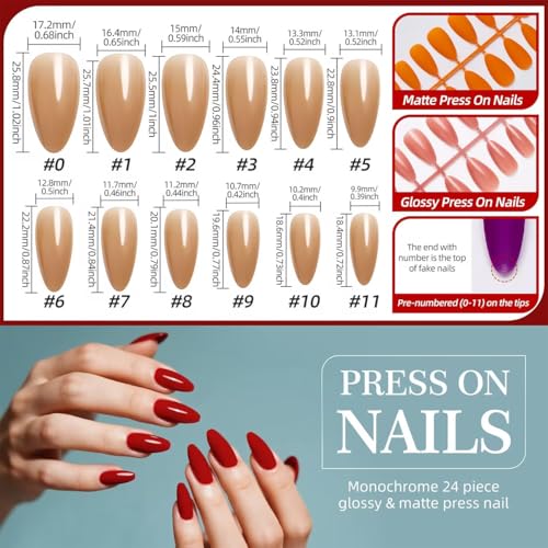 288Pcs Press on Nails Medium Almond Fake Nails with 12 Solid Color False Nails Reusable Acrylic Artificial Nail Glossy Full Cover Nails Press ons Kit for Women Girls Manicure - color: Style-24