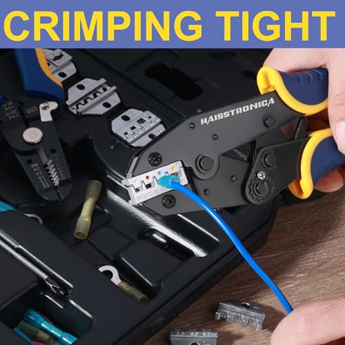 haisstronica 8PCS Crimping Tool Set, 6PCS Dies Wire Stripper and Driver | Interchangeable Dies, AWG-Marked Cavities, Blow-Molded Storage, Organized Component Layout, Electronics Repairs