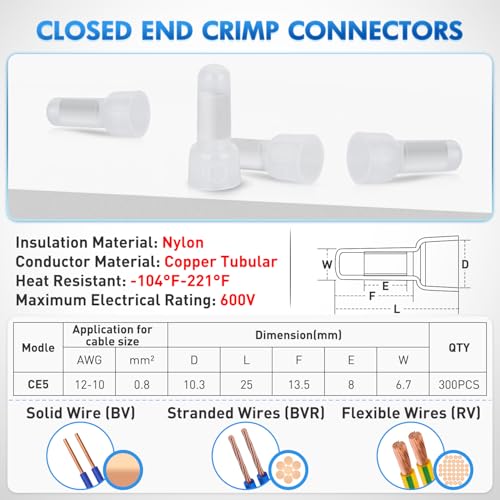 Nilight 300PCS CE5 Closed End Crimp Terminal 12-10 Gauge Nylon Insulated - color: 300PCS 12-10# Terminals