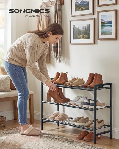 SONGMICS 3-Tier Metal Shoe Rack, Vertical Shelf, Holds up to 16 Pairs - color: Black, size: 3 Tiers (11"D x 26.8"W)