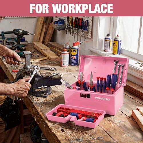 WORKPRO 10.8" Mini Metal Tool Box with Removable Tray - color: Pink
