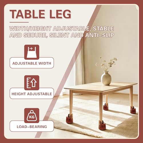 4 Pack Adjustable Furniture Risers 2.36" to 3.15", Heavy Duty Bed Risers with Clamp Design, Clamp-On Levelers for Chair Table Sofa Cabinet Legs, Furniture Height Extenders Leg Lifts (Brown) - color: Brown