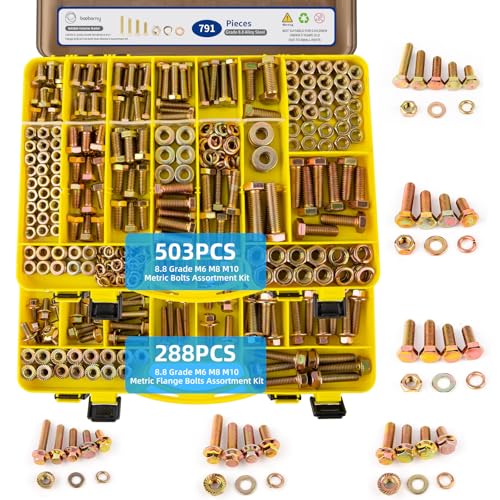 791pcs Nuts and Bolts Assortment Kit - Heavy Duty Grade 8.8 Metric M6 M8 M10 Bolt Set with Assorted Nuts and Washers, Yellow Zinc Plated, Length from 12-40mm - size: M6 M8 M10-791 PCS