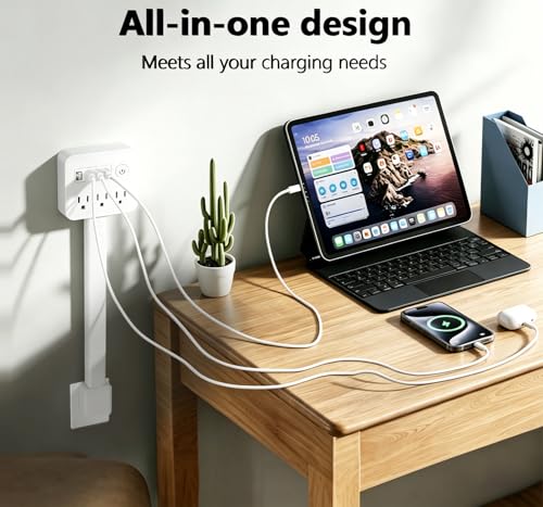 Electrical Outlet Extender Stick, 3 AC Outlets with 4 USB Port, 17-26 Inch Adjustable Length, 360° Rotating Plug, Wall Socket Expander for Hard-to-Reach Outlets Behind Couch, Nightstand, Bed, Desk