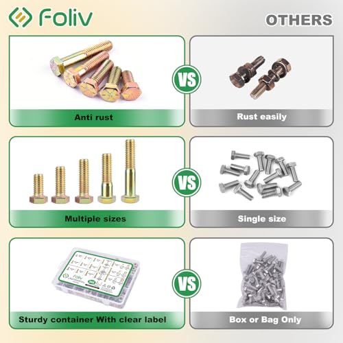 Foliv 566pcs Upgraded Grade 8 Bolt Assortment Kit, Including 1/4-20 5/16-18 3/8-16 Bolts Nuts Washers - size: 566pcs Grade 8 bolts 1/4-20 5/16-18 3/8-16