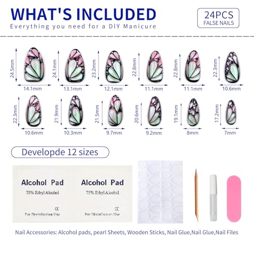 3D Butterfly Wing Press On Nails Almond - 24PCS Pink Iridescent Medium Fake Nails with Design, Glossy Reusable Stick On Nails for Women, Cute Nail Art for DIY, Party, Daily Wear - color: 12-Enchanted Rhythm Wing