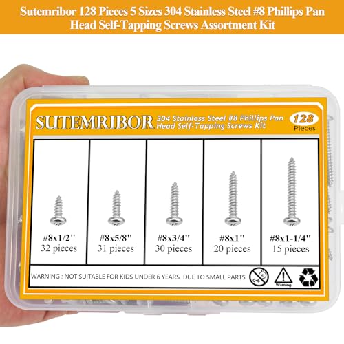 128 Pieces #8 x 1/2" 5/8" 3/4" 1" 1-1/4" Wood Screws Set, Phillips Pan Head #8 Self-Tapping Screws Assortment Kit, 304 Stainless Steel - size: #8, style: Phillips Pan Head