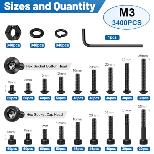 3400PCS M3 Hex Socket Button & Cap Head Screws Kit 12.9 & 10.9 Steel - size: G12.9 M3 3400PCS