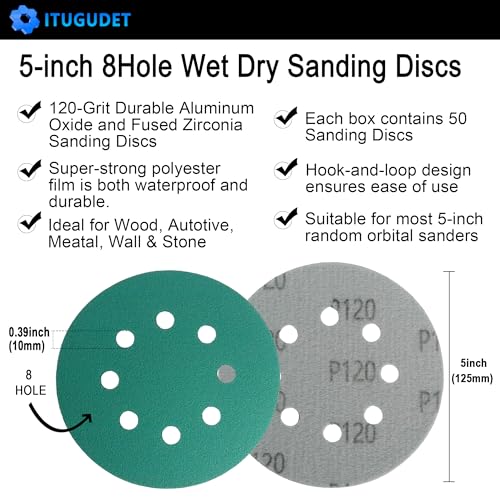 5 Inch 8 Hole P120 Grit Zirconia Wet Dry Sanding Discs - 50 Pack - size: 120 Grit