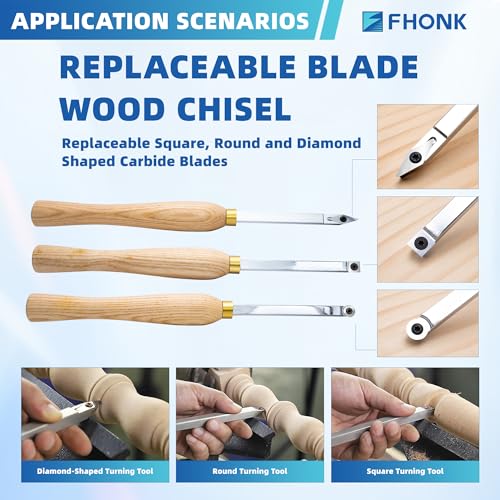 12-1/2 inch Wood Lathe Turning Tools Set 3 pcs, 12.5" Finisher Carbide Tipped Lathe Chisel Tool Bar, with Wooden Handles and Square Round Diamond Carbide Inserts