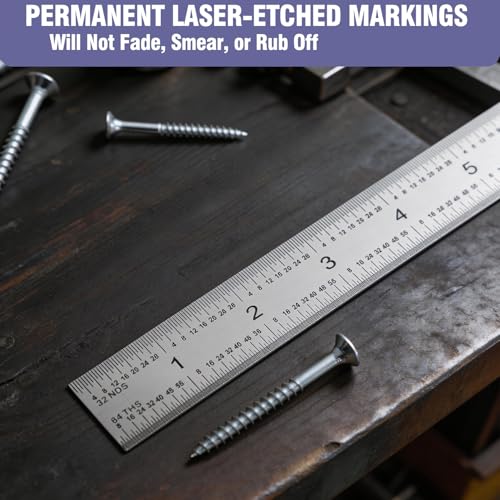 12 Inch Machinist Ruler Set - 2 Pack Stainless Steel Precision Double Sided Ruler with 1/64, 1/32, 1/16 & 1/8 Inch Graduations, Etched Markings - for Engineers,Woodworking and DIY (2, 12 Inch) - size: 12 Inch