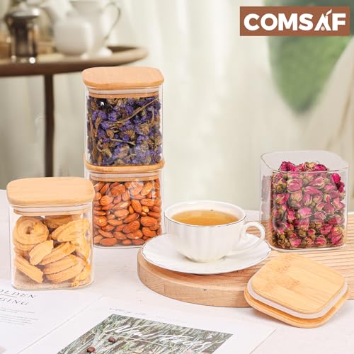 ComSaf Square Glass Containers with Lids 0.7 Qt, Set of 4 Pantry Glass Jars | Glass Storage Containers with Lids, Small Canisters, Spice Jar, Bamboo Lid with Silicone Seal, Size For Subpackage, BPA Free - size: 0.7Qt*4