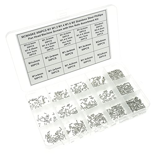 850PCS M1 M1.2 M1.4 M1.6 M2 Metric Stainless Steel Phillips Pan Head Machine Screws Nuts Assortment Kit - size: M1, M1.2, M1.4, M1.6, M2