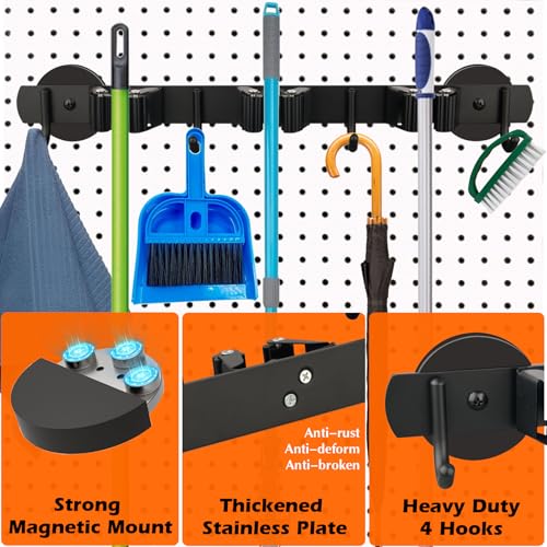 MUTUACTOR Magnetic Broom Holder,Anti-slip Heavy Duty Broom and Mop Hanger Metal Tool Holder 3 Racks and 4 Hooks for Laundry Garage Kitchen Factories Workshops Organization and Storage(1 Set) - style: Heavy Duty,New Black,3 Hooks 4 Slots