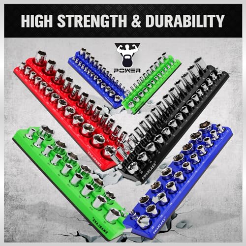 SWANLAKE Magnetic Socket Organizer Set, 1/4", 3/8", 1/2" Sockets Holds 286 Pieces Magnetic Socket Trays (Blue&red&black&green, 12 Pcs) - style: 12PCS Multi-Color