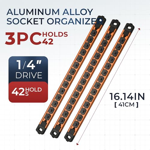 Reniteco Magnetic Socket Organizer Set, 3-Pack 1/4” Socket Rails - color: Orange, size: 1/4-Inch Drive,3pc