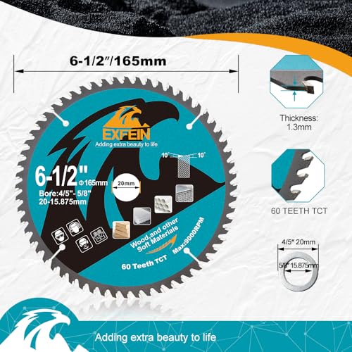 6-1/2 Inch Miter/Table Saw Blades 3pcs, 60 Teeth ATB TCT Fine Finish Wood Cutting Circular Saw Blade with 4/5|5/8 Inch Arbor - size: 165mm 60T