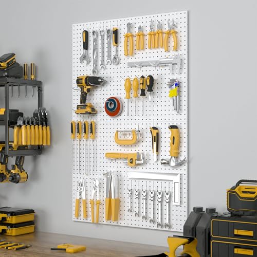Spampur Peg Board, 8 Pack Metal Pegboard Panels with 50 Hooks - color: White, size: 16x12"- 8 Pcs