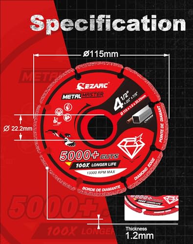 EZARC Diamond Cutting Wheel 4 1/2 x 7/8 Inch for Metal, Cut Off Wheel with 5000+ Cuts on Rebar, Steel, Iron and INOX - style: 4 1/2 x 7/8 Inch