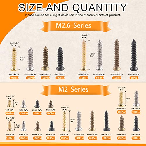 2200Pcs M2 M2.6 Flat Head Phillips Cross Small Wood Screws Tapping Screws Electronic Screws Assortment Kit 5mm 6mm 8mm 10mm 12mm 16mm Tapping Screws Small Metric Micro Screw Set