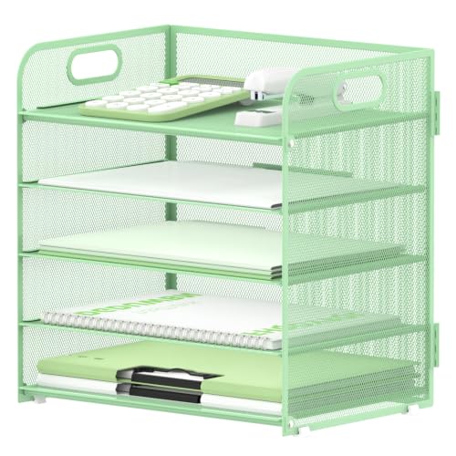 Supeasy 5 Trays Paper Organizer Letter Tray with Handle-Mesh Desk File Holders, Paper Sorter Desk Organizer for Office, Home, Classroom or School(Mint Green) - color: Mint Green