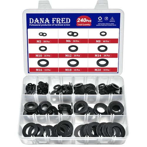 240pcs Nylon Large Flat Round Washer Spacer,9 Sizes Black Flat Washers Assortment Kit,Countersunk Plastic Spacer Thickness Gasket Ring Hardware Tool Fastener for Screw M5 M6 M8 M10 M12 M14 M16 M18 M20