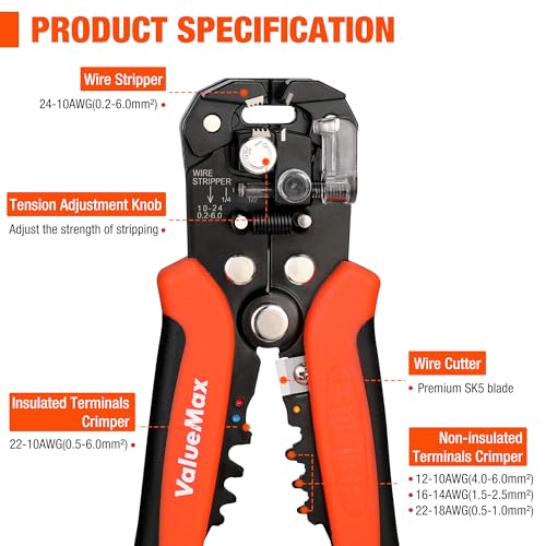 ValueMax 266PCS Wire Stripper Tool Kit, Self-adjusting 8" Automatic Wire Stripping Tool for AWG 10-24, 3-in-1 Automatic Wire Stripper/Cutter/Crimper, Universal Wire strippers for Electrical Work