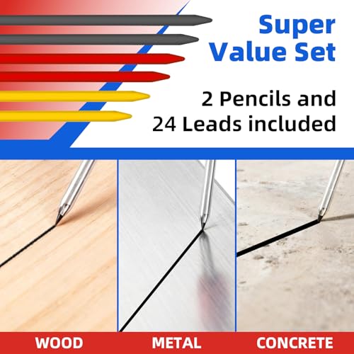VNW New Aluminum Carpenter Pencils with Finger Grip - Incl.24 Leads - Solid Mechanical Pencils with Fine Point/Marking tools Construction/Carpenters/Scriber,Set of 2
