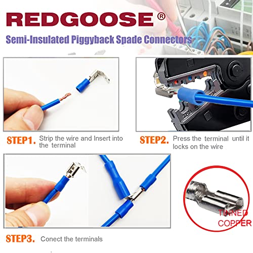 100PCS Semi-Insulated Piggyback Spade Connectors 1/4" 22-10 AWG Female/Male Quick Disconnect Piggyback Spade Crimp Terminals Assortment Kit