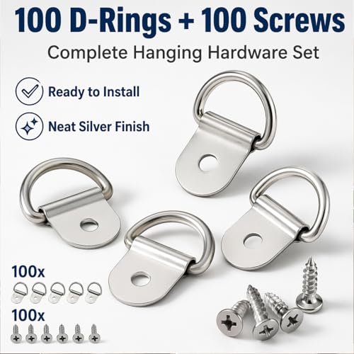 100pc Picture Hangers Kit D-Ring Hooks with Screws Heavy Duty for Hanging - color: Silver