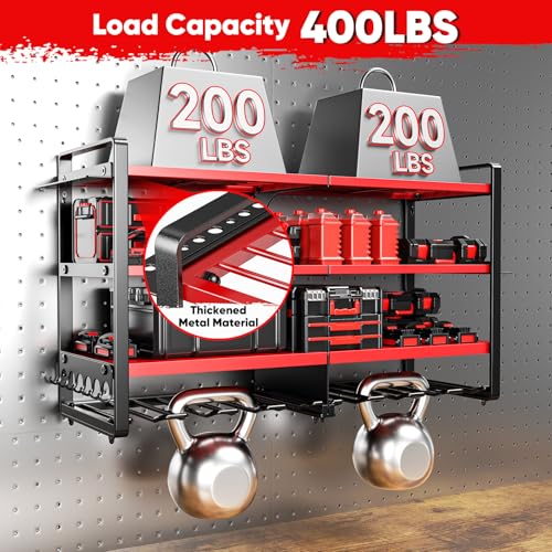 POKIPO Upgrade Large power tool organizer Wall Mount,4 Layers Heavy Duty Metal Loads 400lbs Power Tool Hanger Shelf Battery Storage with 8 Cordless Drill Bit Holder,Utility Racks for Garage Tool Room - color: Red