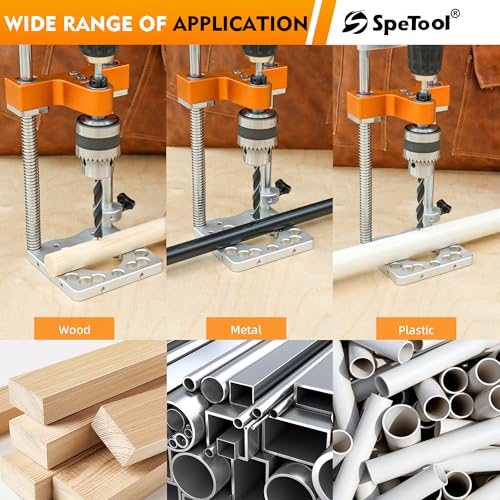 SpeTool Portable Drill Guide with Liner Ball Bearings, 0.004" High Precision Drill Guide for Straight Holes, All-Aluminum Base, Spring-Assisted Portable Drill Press for Woodworking & DIY, S04003