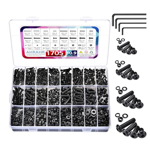 1705 Pcs Machine Screw Assortment Kit, M2 M3 M4 M5 Metric Bolts and Nuts Kit with Lock and Flat Washers, Hex Button Head 10.9 Alloy Steel Cap Screw Set with Allen Wrench - color: Black-Hex Socket Button Head 1705 Pcs