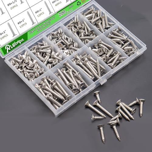 200PCS 304 Stainless Steel High Hardness Wood Screws Assortment Kit, 3 Sizes #8×1/2",#8×3/4",#8×1",Phillips Drive Flat Head, Wood Screws, Screws, Assorted Screws, Screws Set,Sheet Metal Screws - size: 200PCS-SV