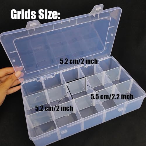 2 Pcs Large 15 Grids Plastic Organizer Box Clear Storage Container with Adjustable Dividers for Beads, Washi Tapes, Art DIY Crafts, Jewelry, Fishing Tackle, Component and Small Parts - color: 2 Pcs 15 Grids Large
