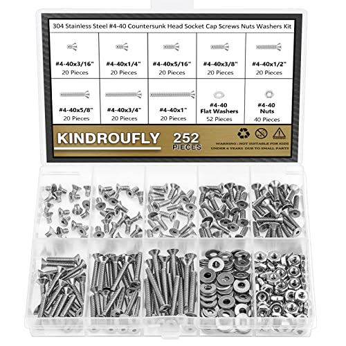 252 Pieces #4-40 x 3/16", 1/4", 5/16", 3/8", 1/2", 5/8", 3/4", 1", Countersunk Head Socket Cap Screws Nuts Washers Assortment Kit, 304 Stainless Steel, Fully Machine Thread - size: #4-40, style: Countersunk Head