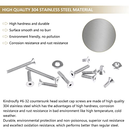 252 Pieces #6-32 x 1/4", 5/16", 3/8", 1/2", 5/8", 3/4", 1", 1-1/4", Countersunk Head Socket Cap Screws Nuts Washers Assortment Kit, 304 Stainless Steel, Fully Machine Thread - size: #6-32, style: Countersunk Head