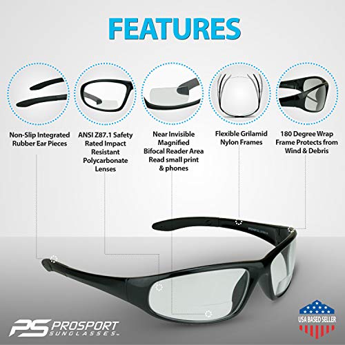 proSPORT Bifocal Safety Glasses ANSI Z87 Black Frame Clear Lens Safety Reading Glasses Men Women Industrial Work Protection - color: Clear - 1 Pair