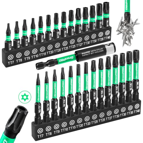 GRENPRO 29PCS Torx Bit Set (TT7-TT40), 1"&2" S2 Steel Security Torx Bits - size: T7-T40(1"&2"*29pcs)