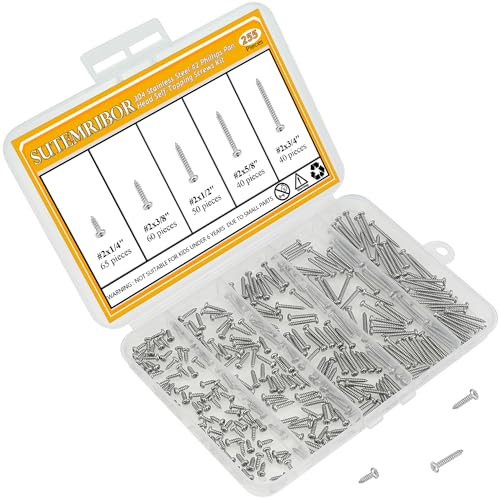 255 Pieces #2 x 1/4" 3/8" 1/2" 5/8" 3/4" Wood Screws Set, Phillips Pan Head #2 Self-Tapping Screws Assortment Kit, 304 Stainless Steel - size: #2, style: Phillips Pan Head