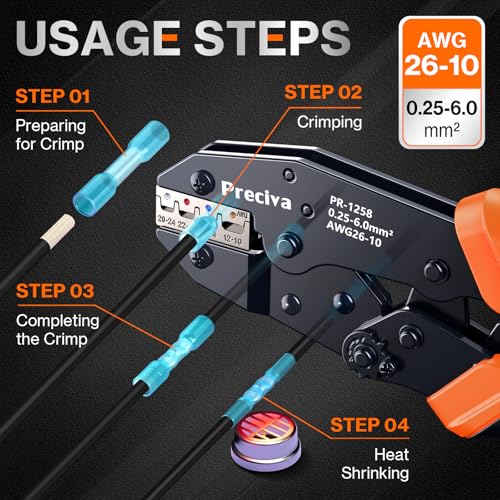 Preciva Wire Stripper and Crimper Tool, with AWG 24-10 Automatic Strippers and AWG 26-10 Ratchet Wire Crimper for stripping, cutting, and crimping heat-shrink connectors and insulated terminals