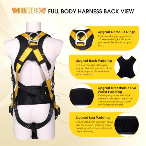 Fall Protection Premium Safety Harness with Shock Absorbing Lanyard, Vented & Padded Shoulder, Legs & Back - Upgrade 4 Quick Buckles (Yellow) - color: Yellow